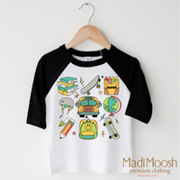 Boys Cute School design on a black-accented shirt.