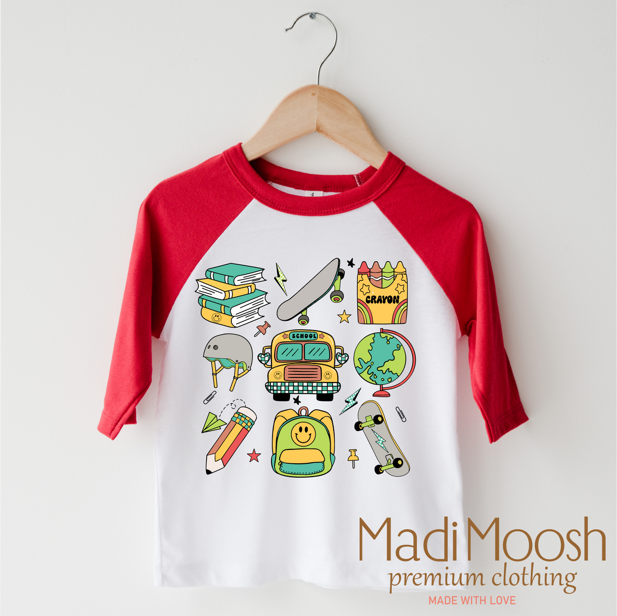 Boys Cute School design on a red-accented shirt.