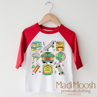 Boys Cute School design on a red-accented shirt.