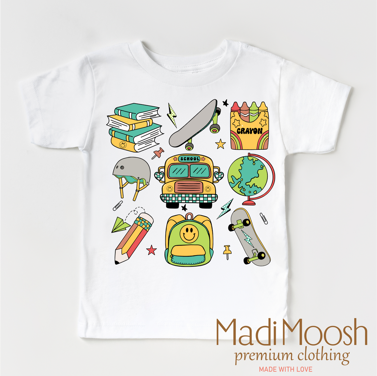 Boys Cute School design on a white garment.