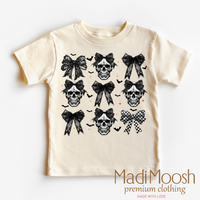 Skulls And Bows Halloween design on a natural garment.