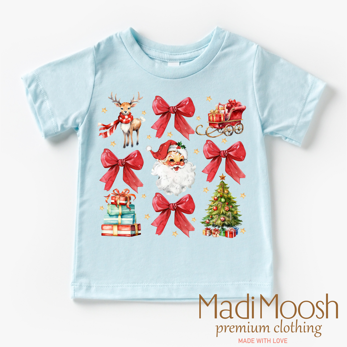 Santa Bows and Christmas design on a blue garment.