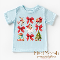 Santa Bows and Christmas design on a blue garment.