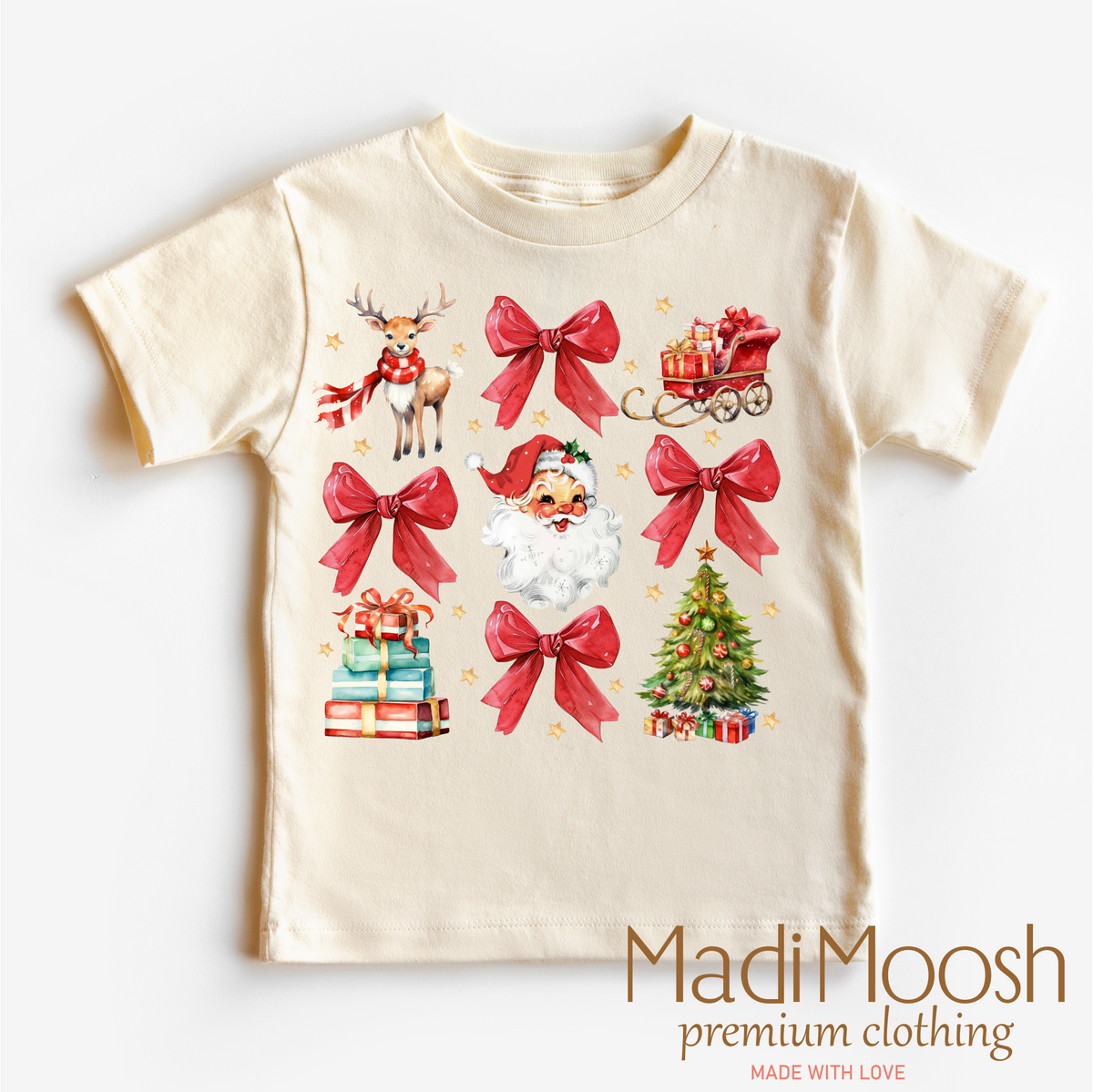 Santa Bows and Christmas design on a natural garment.