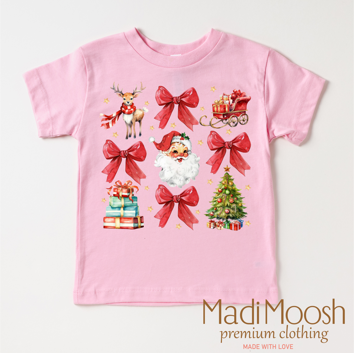 Santa Bows and Christmas design on a pink garment.