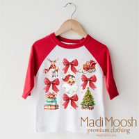 Santa Bows and Christmas design on a red-accented shirt.