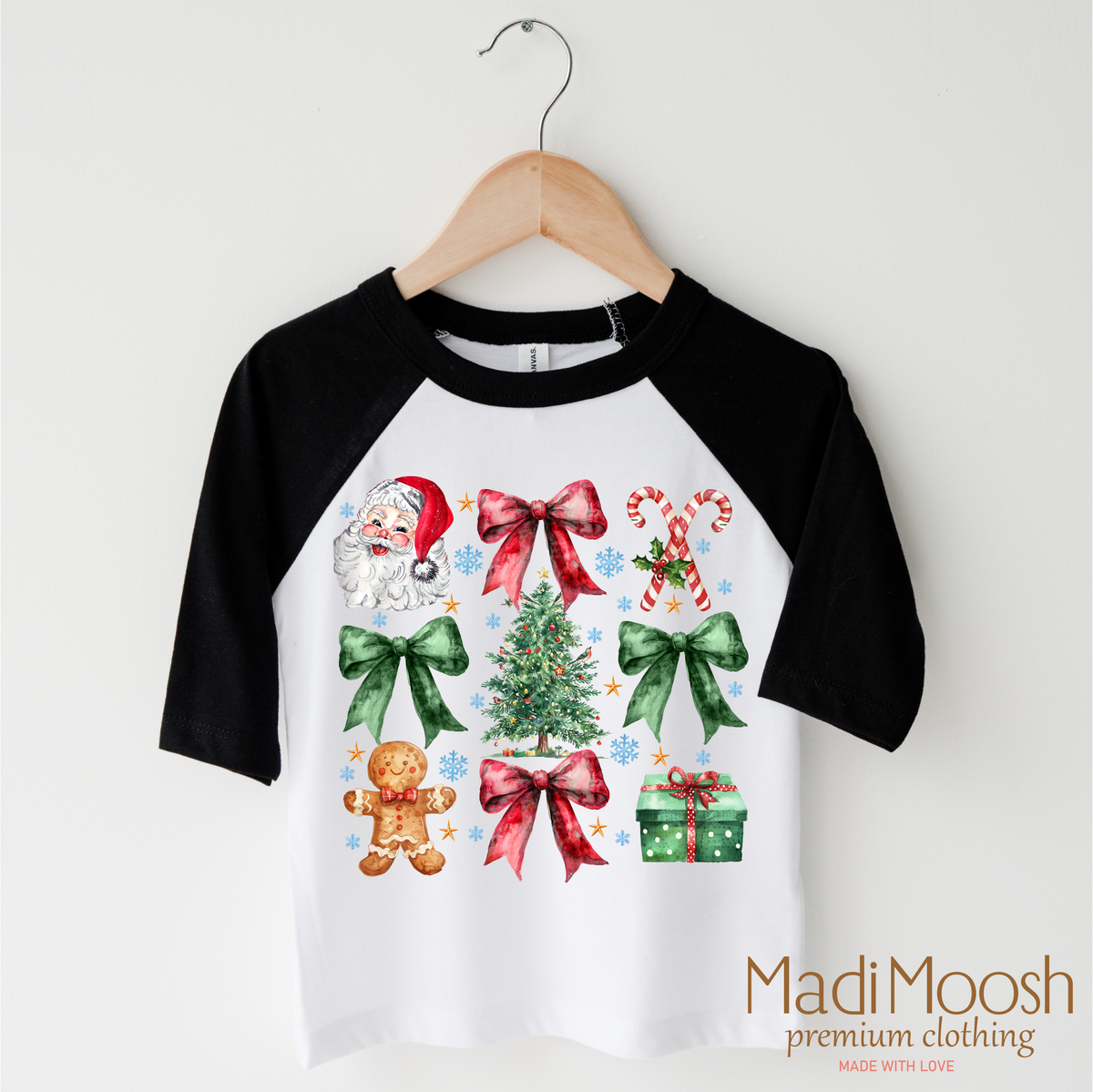 Christmas Bows And Santa design on a black-accented shirt.