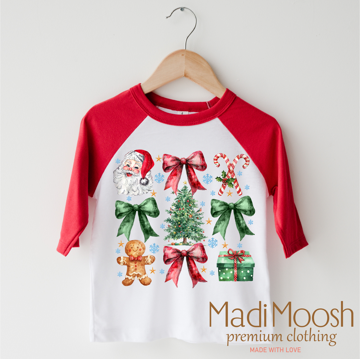 Christmas Bows And Santa design on a red-accented shirt.