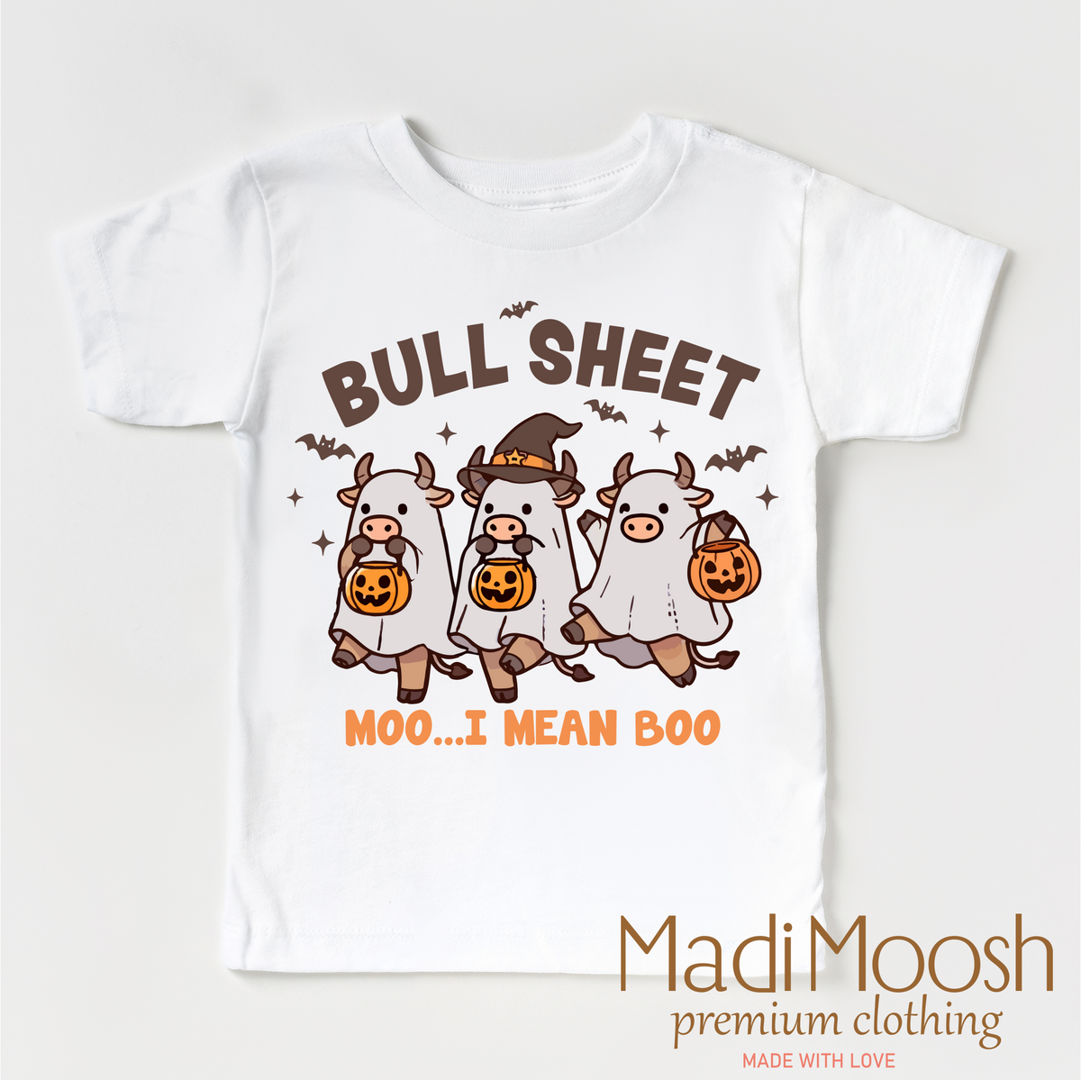 Bull Sheet Halloween design on a white garment.