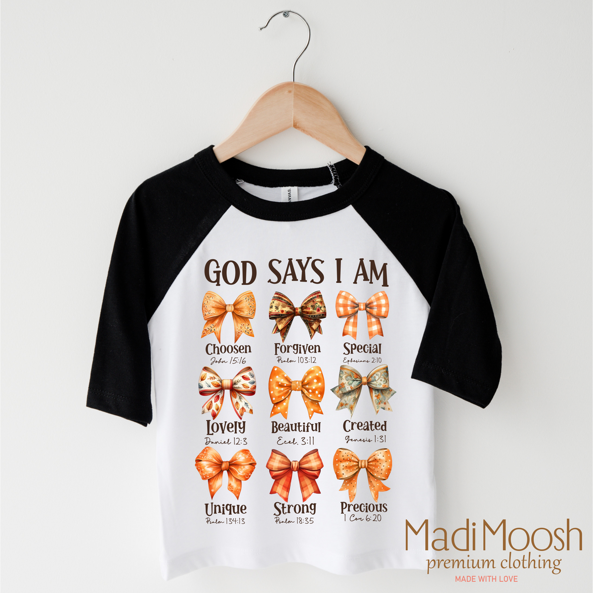 God Says I Am Christian Fall design on a black-accented shirt.