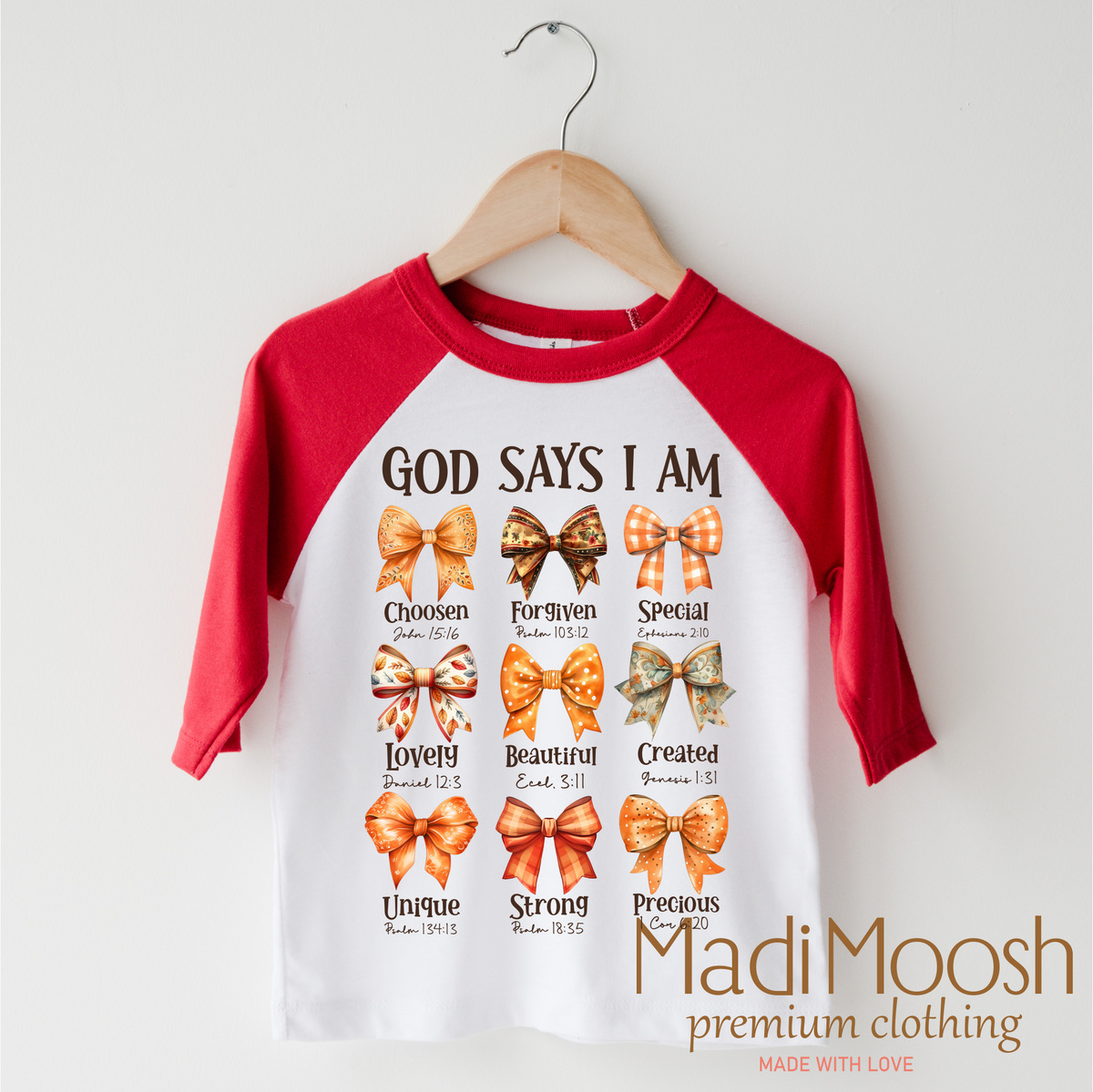 God Says I Am Christian Fall design on a red-accented shirt.