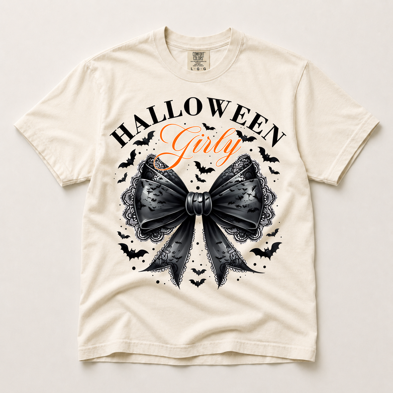 Halloween Girly black lace bow shirt in ivory
