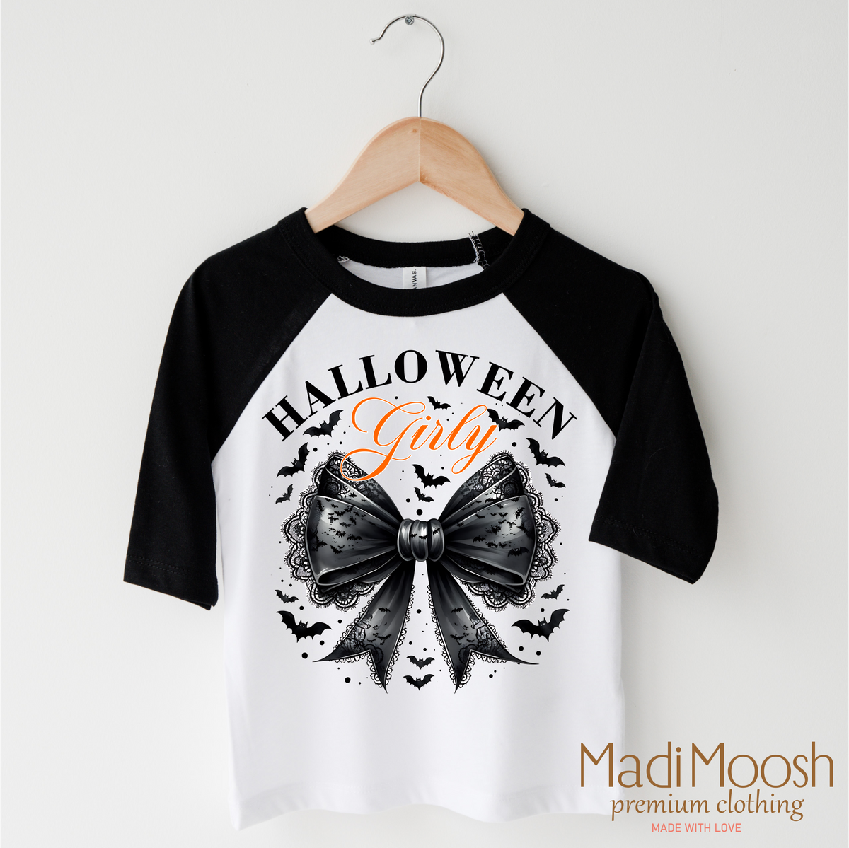 Halloween Girly design on a black-accented shirt.