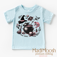 Feeling Witchy Halloween design on a blue garment.