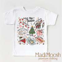 Tis The Season Christmas design on a white garment.