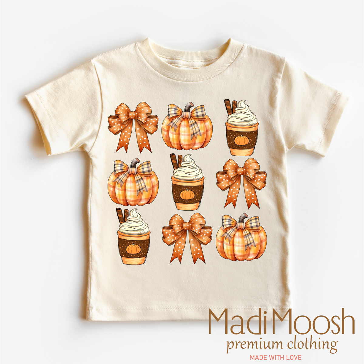 Pumpkins, Latte, and Bows Fall graphic T-shirt by Madi Moosh
