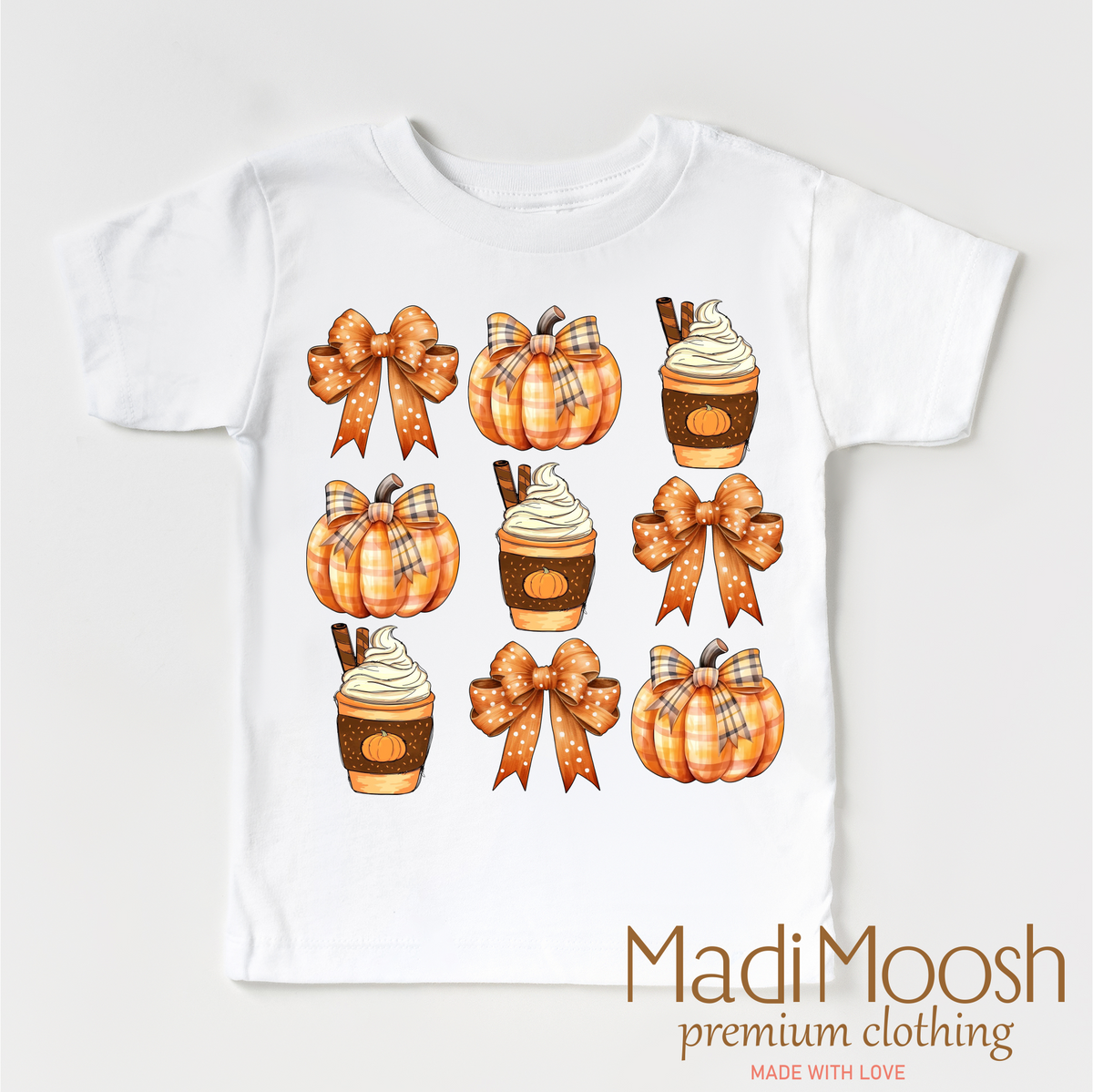 Pumpkins design on a white garment.