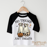 No Tricks Just Treats Halloween design on a black-accented shirt.