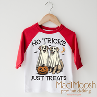 No Tricks Just Treats Halloween design on a red-accented shirt.