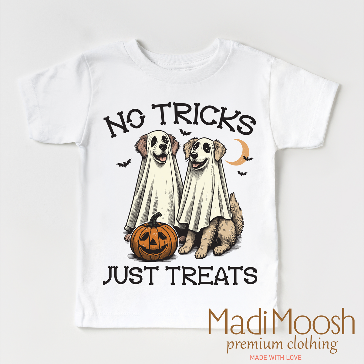 No Tricks Just Treats Halloween design on a white garment.