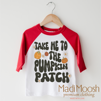 Take Me To The Pumpkin Patch design on a red-accented shirt.