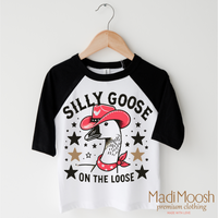 Silly Goose On The Loose design on a black-accented shirt.