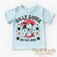 Silly Goose On The Loose design on an ice blue garment.