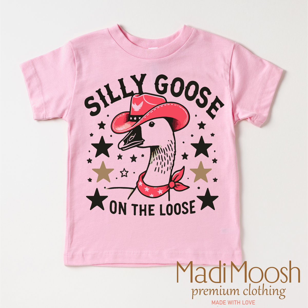 Silly Goose On The Loose design on a pink garment.