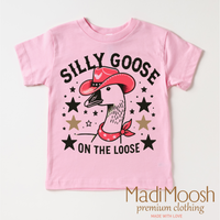 Silly Goose On The Loose design on a pink garment.