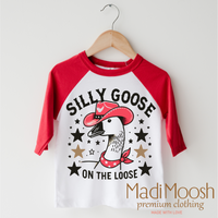 Silly Goose On The Loose design on a red-accented shirt.