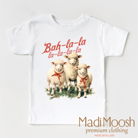 Bah-La-La-La Lamb Christmas design on a white garment.