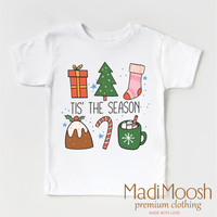 Tis The Season Christmas design on a white garment.