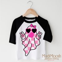 Cute Ghost Blowing Bubbles Halloween design on a black-accented shirt.