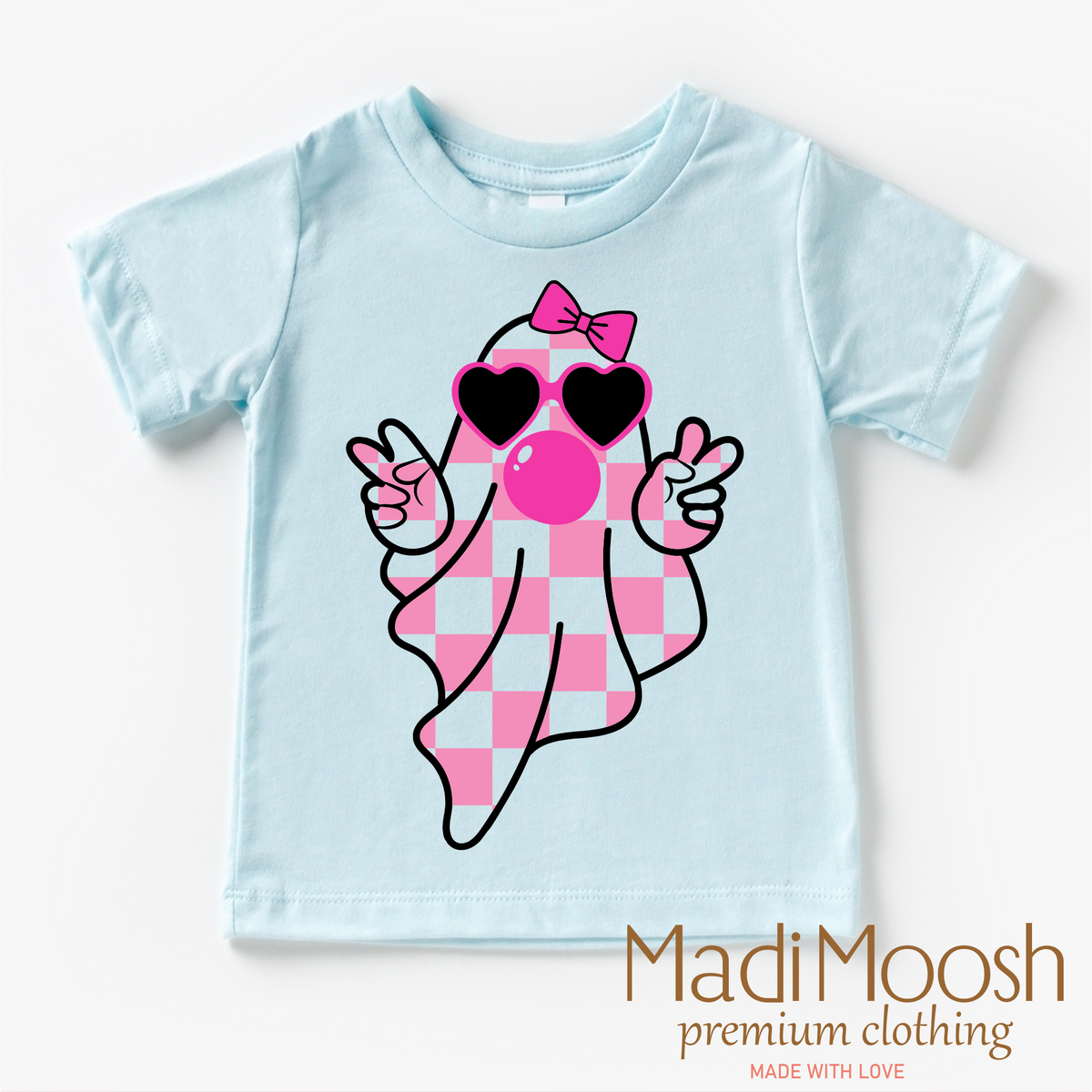 Cute Ghost Blowing Bubbles Halloween design on an ice blue garment.