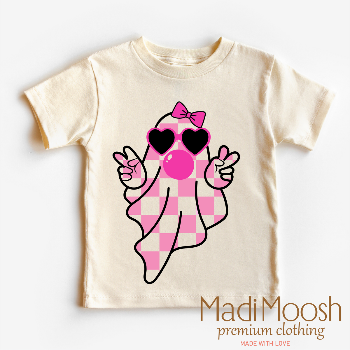 Cute Ghost Blowing Bubbles Halloween design on a natural garment.