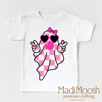 Cute Ghost Blowing Bubbles Halloween design on a white garment.