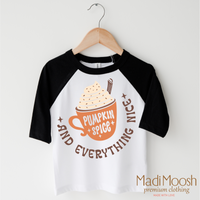 Pumpkin Spice And Everything Nice Fall design on a black-accented shirt.