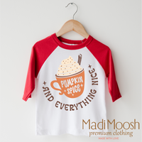 Pumpkin Spice And Everything Nice Fall design on a red-accented shirt.