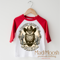 Hootin Leads To Hollerin Western design on a red-accented shirt.
