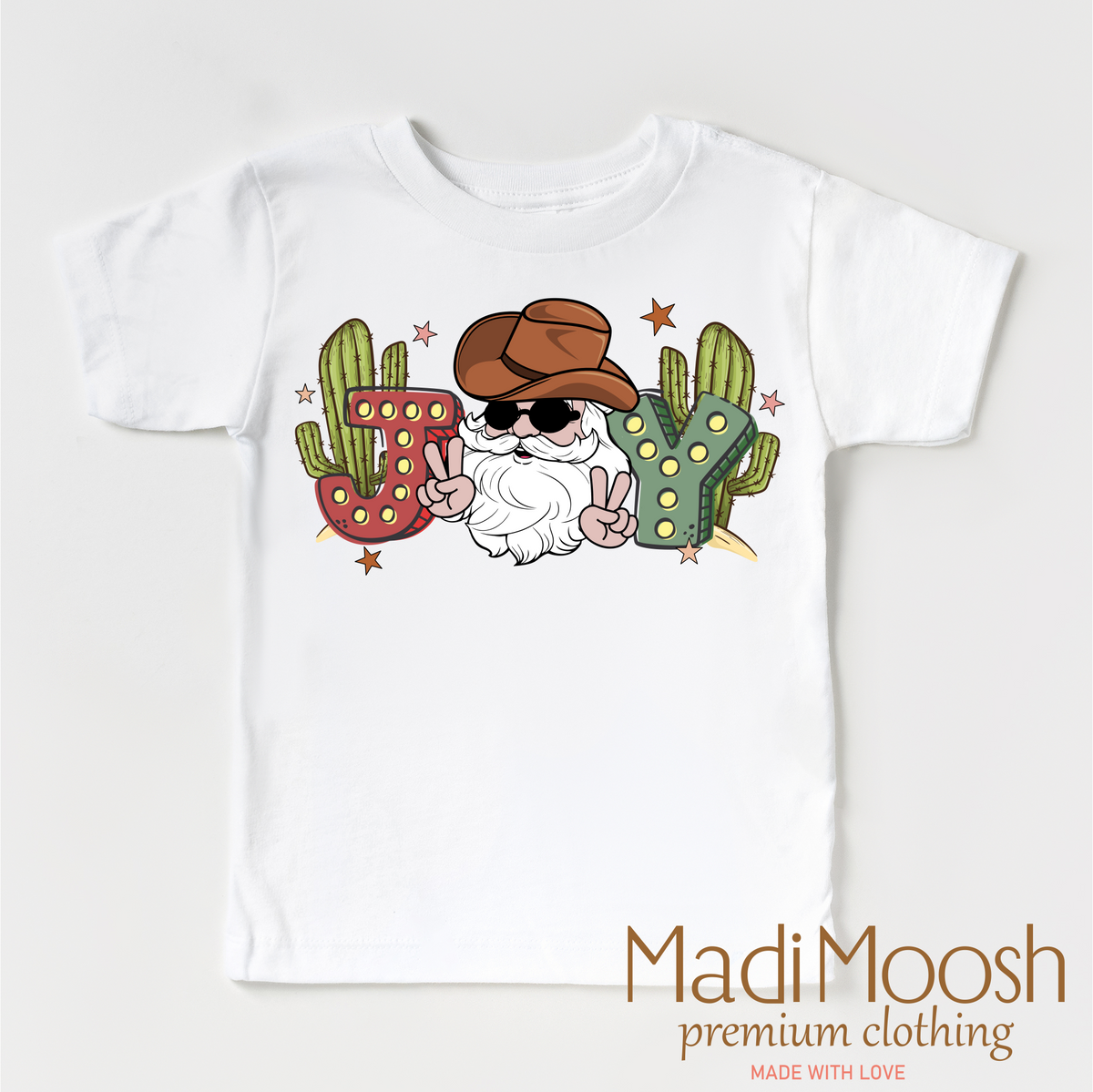 Cowboy Santa Christmas design on a white garment.