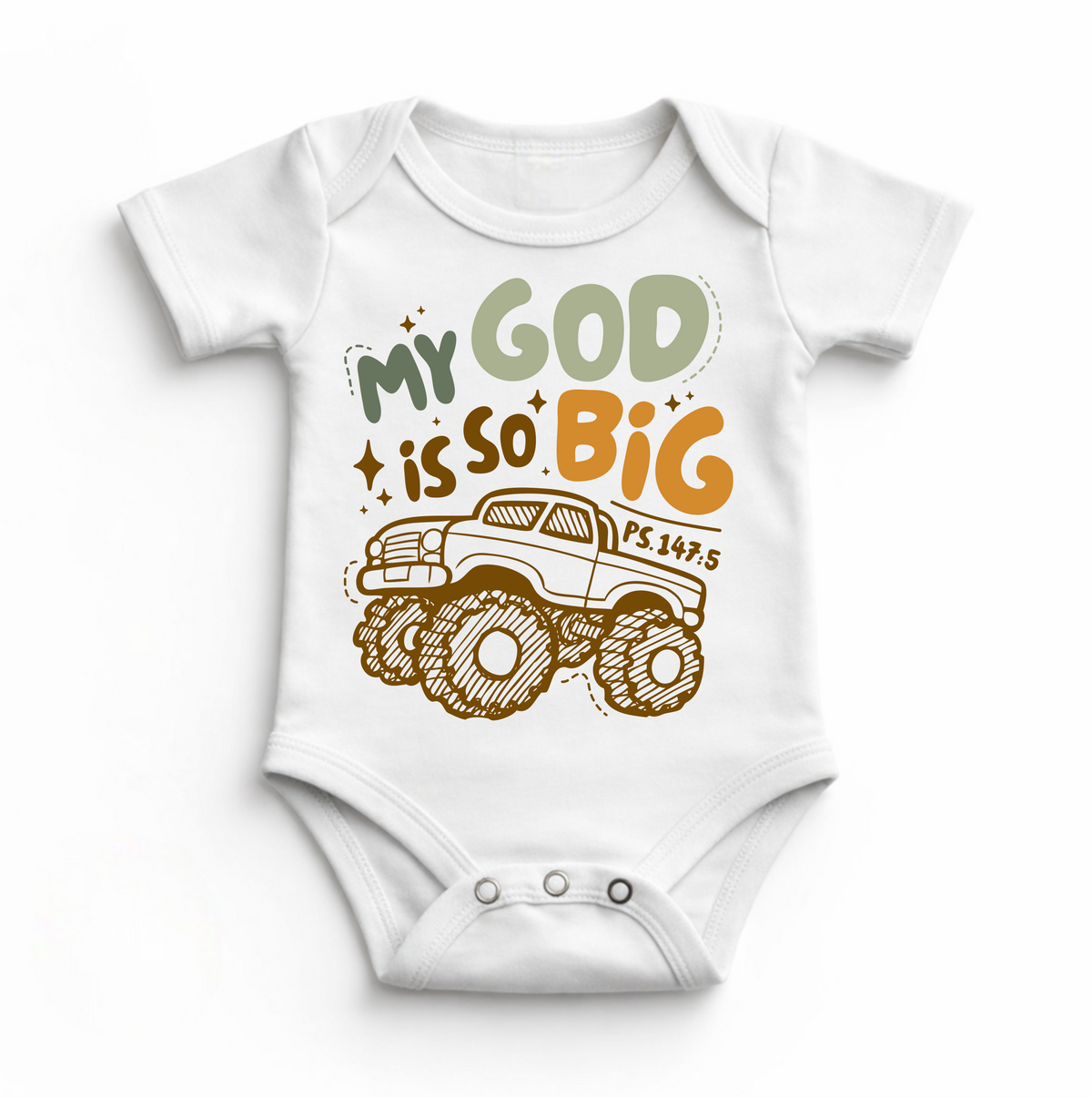 Baby Bodysuit My God Is So Big Christian Monster Truck design on a white garment.