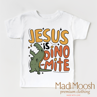 Jesus Is Dinomite Christian design on a white garment.