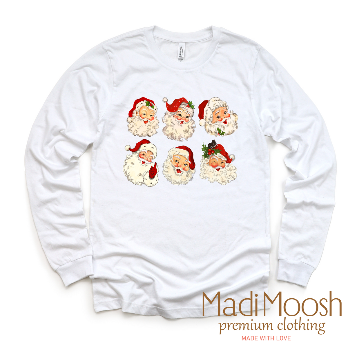 Retro Santa Christmas, Long Sleeve White graphic T-shirt by Madi Moosh