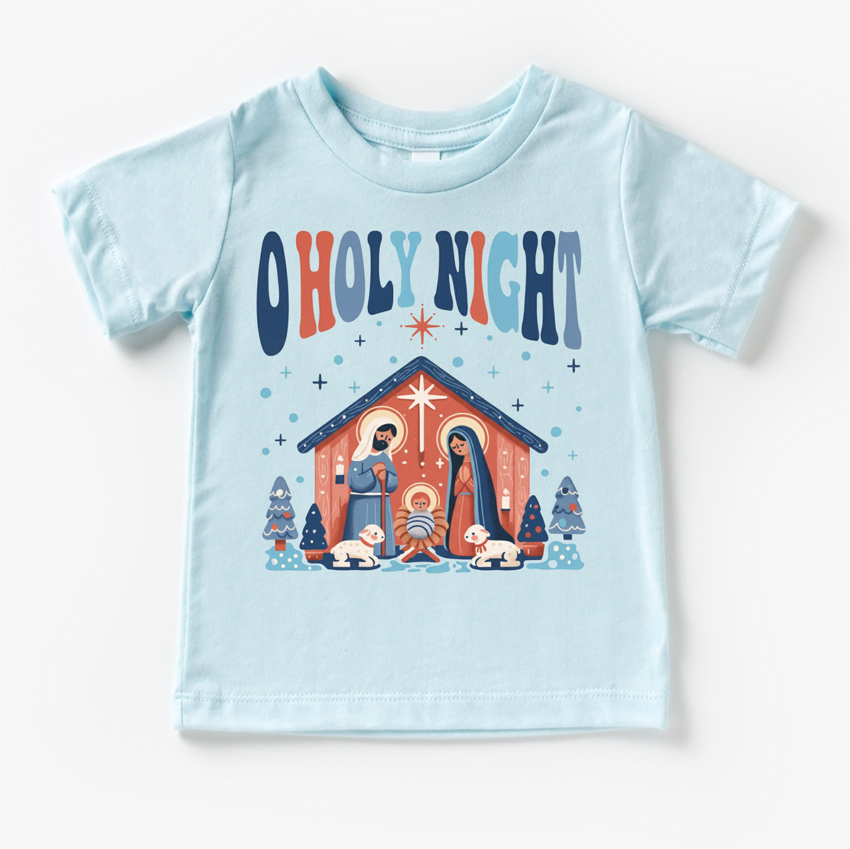 O Holy Night Christmas design on a blue garment.