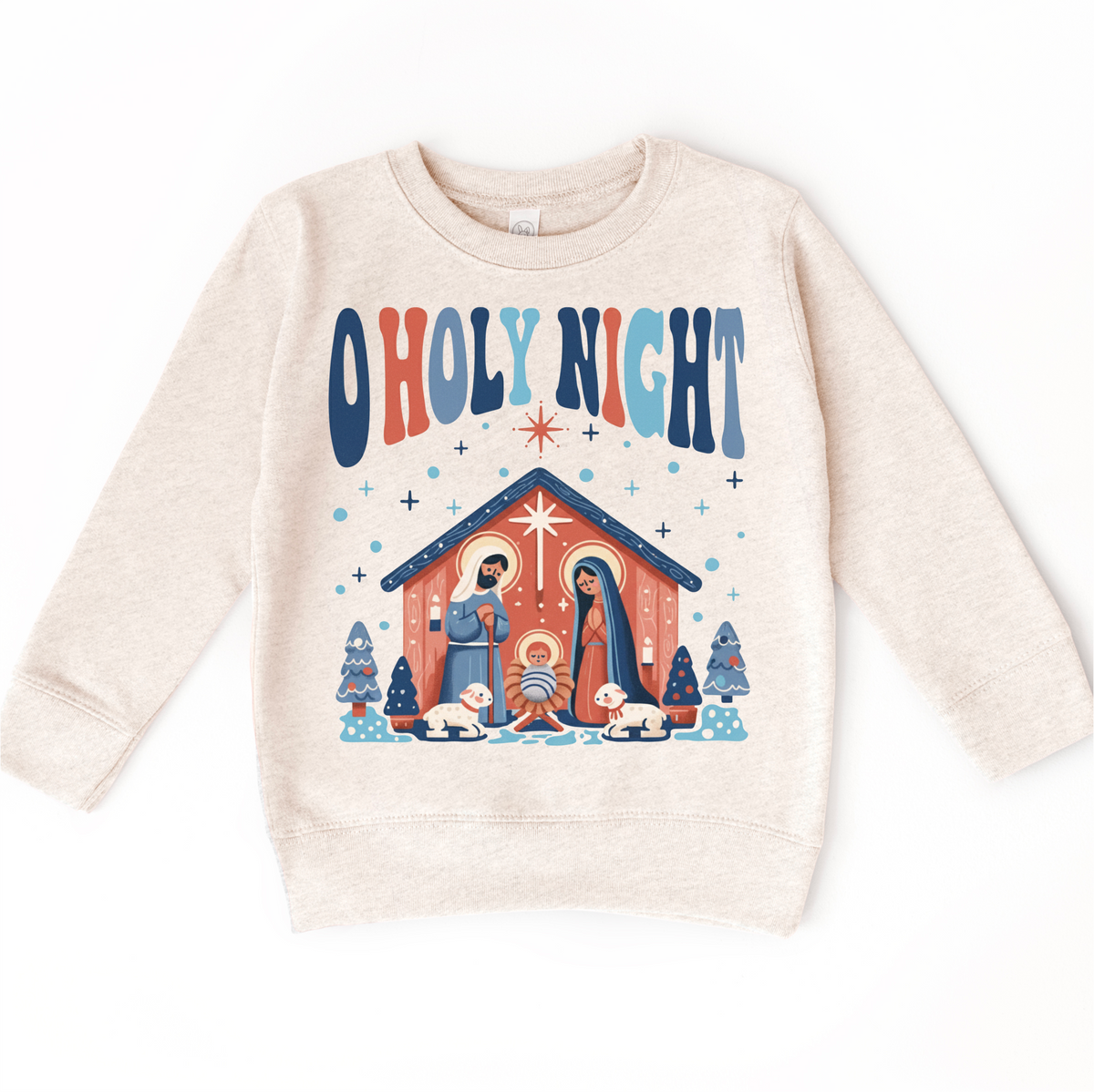 O Holy Night Christmas design on a natural sweatshirt.
