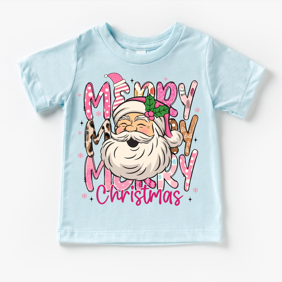 Girls Merry Merry Christmas Santa design on a blue garment.