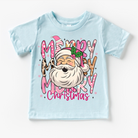 Girls Merry Merry Christmas Santa design on a blue garment.