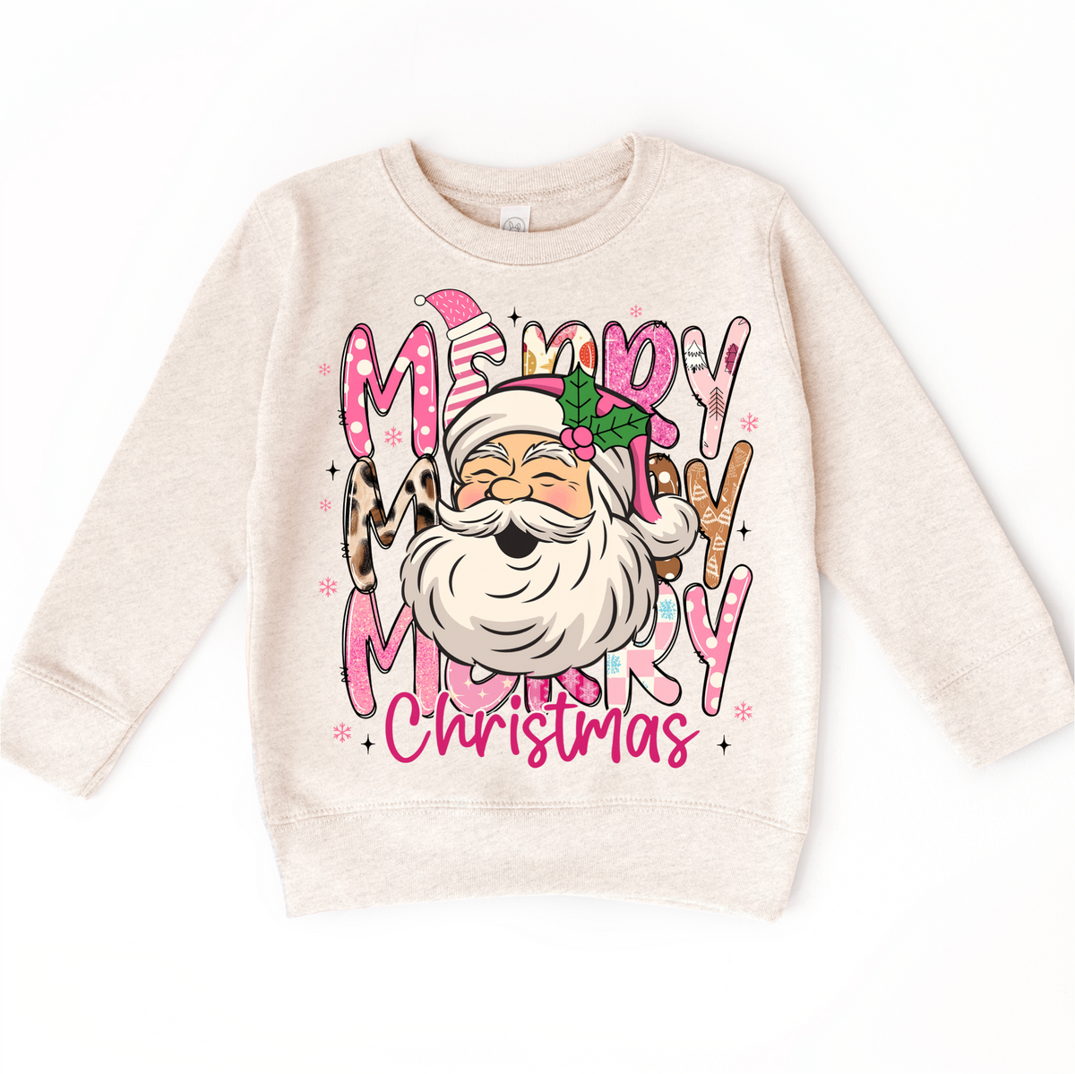 Girls Merry Merry Christmas Santa design on a natural sweatshirt.