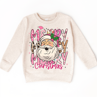 Girls Merry Merry Christmas Santa design on a natural sweatshirt.