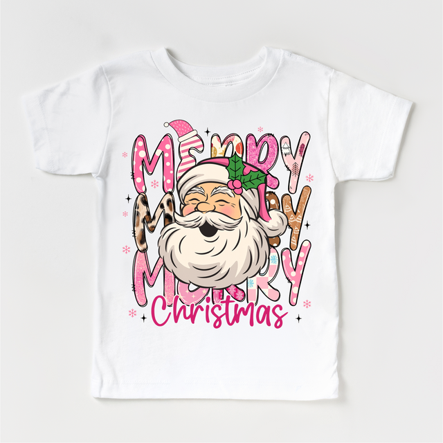 Girls Merry Merry Christmas Santa T-Shirt - Kids Christmas Tee